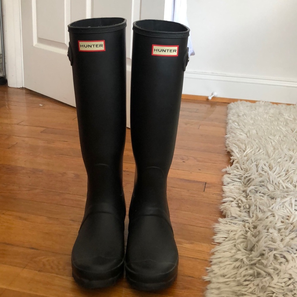 Tall black matte hunter rain boots